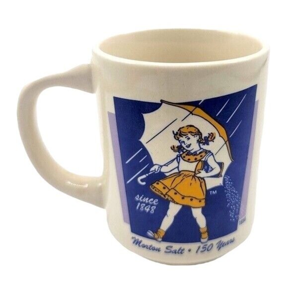 2/$15 Morton Salt Logo Mug 3.5" Girl Umbrella 1968 Yellow Advert Bryan China VTG - Picture 2 of 9